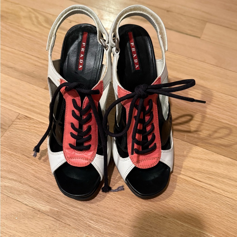 Prada Women's Black, Red, and White Lace-Up Heels